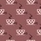 Seamless vector pattern with closeup pink coffee cups with dots and grains on the brown background.