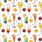 Seamless vector pattern with cocktails, mojito, margarita, martini and cosmopolitan on orange background. Wallpaper, fabric and