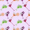 Seamless vector pattern with cocktails, wine, cherries, oranges and grape on the light pink background.
