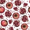 Seamless vector pattern of colored pomegranate. Hand drawn. Engraved juicy natural fruit. Moisturizing serum, healthcare