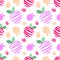 Seamless vector pattern with colorful decorative ornamental lined cute strawberries on the white background.