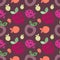 Seamless vector pattern with colorful different decorative ornamental cute strawberries on the dark violet background.