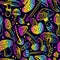 Seamless vector pattern of colorful psilocybin mushrooms. Wallpaper of hallucinogenic mushrooms in acid colors