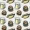 Seamless vector pattern of cups of beer, hot dogs and burgers made of simple illustrations.