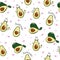 Seamless vector pattern with cute avocado, avocado-kitty, with a heart-shaped bone, on a white background, with hearts