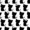 Seamless vector pattern with cute black cat silhouettes on black background. Monochrome kids design. Kitten with flowers