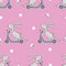 Seamless vector pattern with cute bunny riding a scooter.