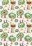 Seamless vector pattern with cute cartoon dancing trees, beautiful birds, rosebushes and cheerful monkeys