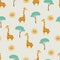 Seamless vector pattern with cute cartoon giraffe, tree and sun.