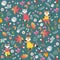 Seamless vector pattern with cute cartoon little foxes, cats, isolated on green. Picture for baby.
