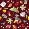Seamless vector pattern with cute cartoon raccoon, flowers, raspberries, mushrooms, leaves, apples and birds.
