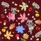Seamless vector pattern with cute cartoon raccoons, flowers, raspberries, mushrooms, leaves, apples and puddle.