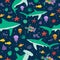 Seamless vector pattern with cute cartoon sharks and fishes