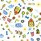 Seamless vector pattern with cute childish hand drawn house, sun, cloud, flowers, birds.