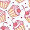 Seamless vector pattern with cute pink cupcake with cherry and dots.