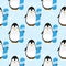 Seamless vector pattern with Cute sport Penguin With Blue Snowboard on snowy mountains winter background