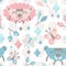 Seamless vector pattern with cute stylized animals, butterfly, and leaves.