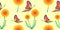 Seamless vector pattern with dandelions, butterflies. Graphic drawn illustration. Floral decorative Background with cute insect. T
