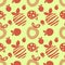 Seamless vector pattern with different decorative ornamental cute strawberries on the yellow background