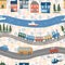 Seamless vector pattern with different types of roads and transport. Railroad with train, river with boats, road with