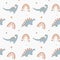 Seamless vector pattern with dinosaur, hearts and rainbows.