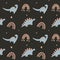 Seamless vector pattern with dinosaur, hearts and rainbows.