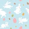 Seamless vector pattern with eggs and rabbits on light blue background. Hares jump all around and collect Easter eggs. Kawaii