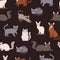 Seamless vector pattern of flat sitting or lying cute cartoon cats, British shorthair, Cornish rex, Burmese cat and
