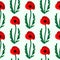 Seamless vector pattern with flowers. Bright symmetrical background with closeup poppies with leaves on the white backdrop