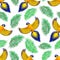 Seamless vector pattern - flying macaws with yellow and blue plumage between phoenix palm leaves