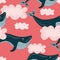 Seamless vector pattern with flying, swimming whales, fishes in pink clouds. Dream big. Dream on. Dream, fantasy concept.