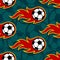 Seamless vector pattern with football soccer ball icons and flames.