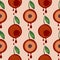 Seamless vector pattern with fruits. Symmetrical background with cherries and leaves on the pink backdrop.