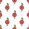 Seamless vector pattern with fruits. Symmetrical background with cherries and leaves on the white backdrop