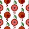 Seamless vector pattern with fruits. Symmetrical background with cherries and leaves on the white backdrop