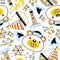 Seamless vector pattern with funny sailor, sailing equipment cartoon