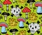 Seamless vector pattern with funny skulls and summer mushrooms in forest.