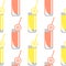 Seamless vector pattern with glasses with juice, oranges and lemons on the white background.