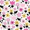 Seamless vector pattern gold foil flowers and pink florals with black leaves. Flat stylized Scandinavian flowers