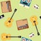 Seamless vector pattern with guitars and players on the light green background.