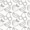 Seamless vector pattern with hand drawn fruits. Black and white Background with watermelons, srawberries and cherries.