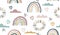 Seamless vector pattern with hand drawn rainbows and sun. Trendy baby texture