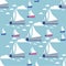 Seamless vector pattern with hand drawn sailing yachts and seagulls. Summer bright background for fabric design.