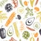 Seamless vector pattern with hand drawn vegetables and spices. Organic food sketch. Vintage kitchek herbs background.