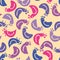 Seamless vector pattern with hens and roosters in pink purple and blue