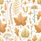 Seamless vector pattern with herbarium leaves and flowers on a white background. Autumn colors, fall leaves