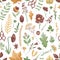 Seamless vector pattern with herbarium leaves and flowers on a white background. Hobby
