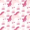 Seamless vector pattern with horses for valentine`s day in the trending color pink. Abstract, animalistic, minimalist