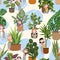 Seamless vector pattern with indoor plants and cute girls