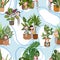 Seamless vector pattern with indoor plants and cute girls. Dieffenbachia, dracaena, monstera, ivy, aloe vera, sansevieria, palm yu